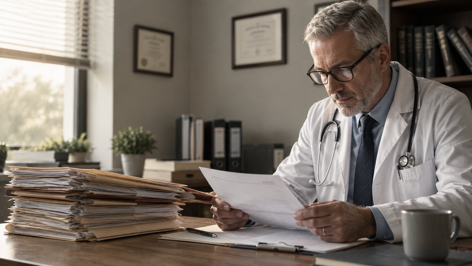 Doctor at a desk reviewing a thick stack of patient records with reading glasses on.