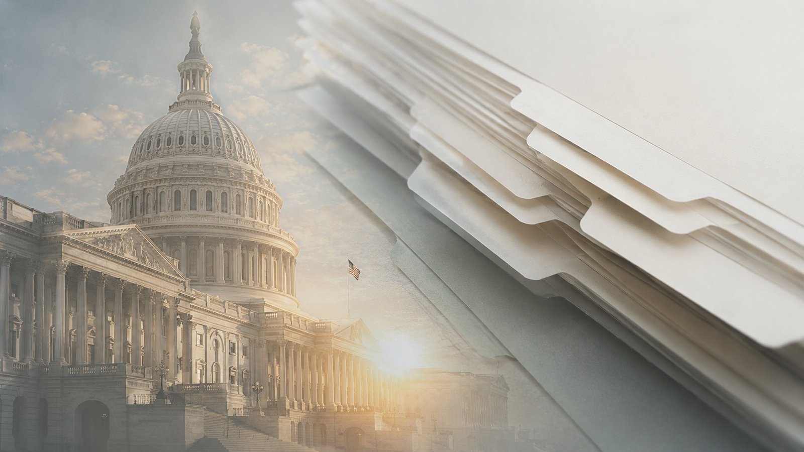 US Capitol building with overlay of medical records folders.