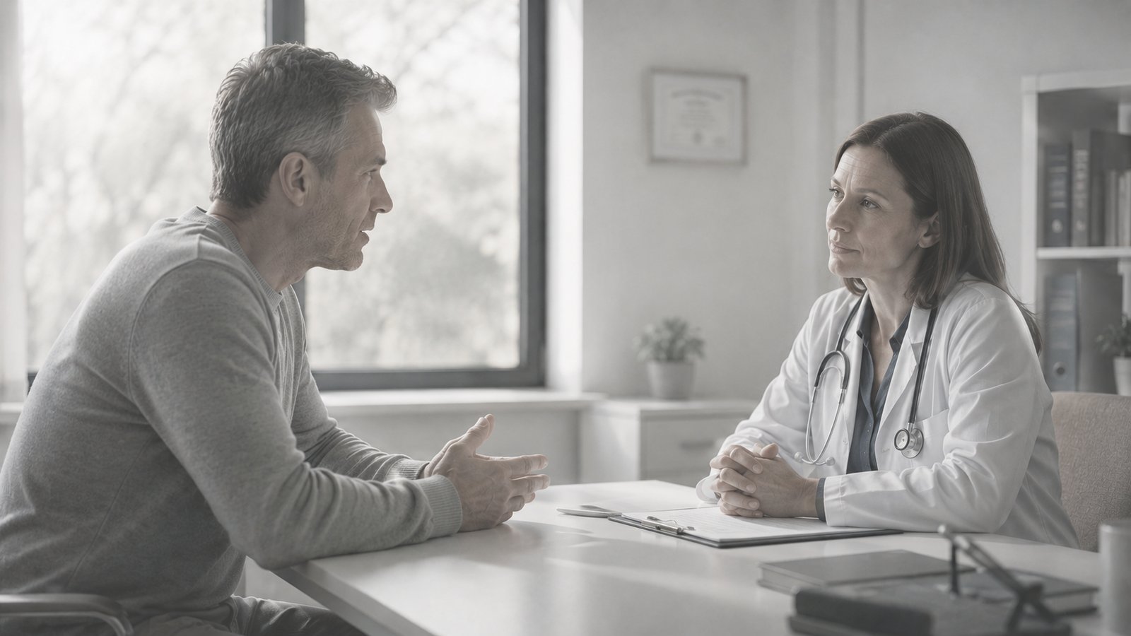 Patient and doctor seated across a desk, patient leaning forward speaking.