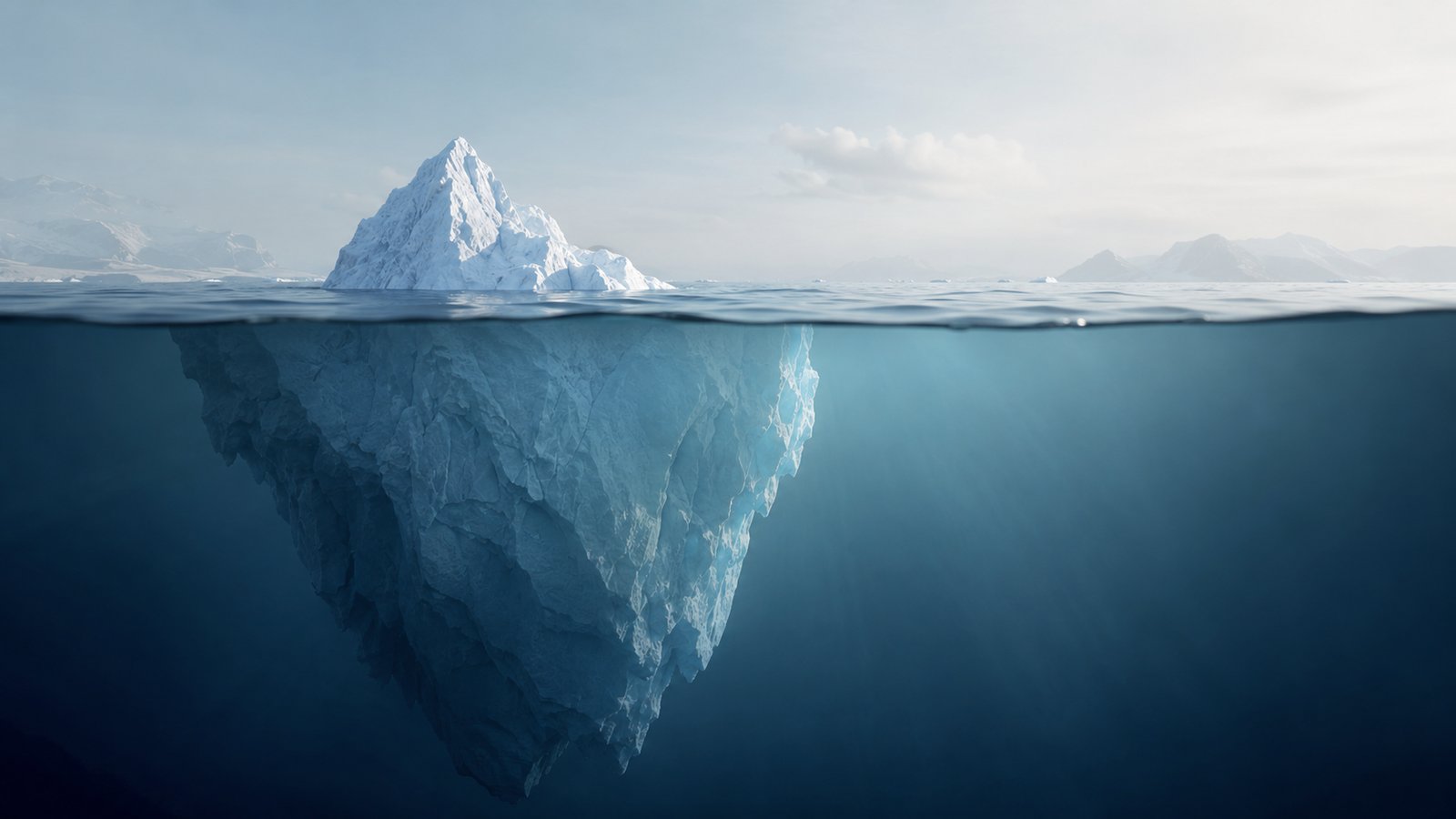Iceberg metaphor: small visible tip above water, vast hidden mass below.