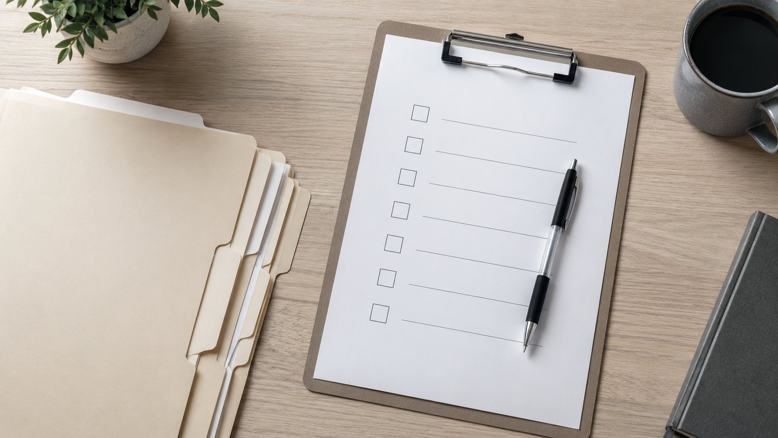 Organized clipboard with a checklist, ballpoint pen, and manila folders.