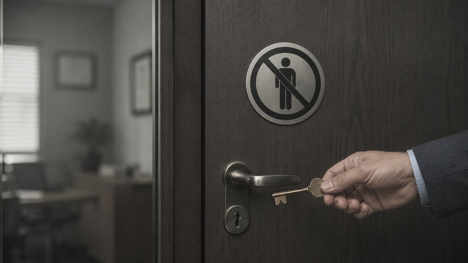 Closed office door with a hand reaching toward the handle holding a brass key.