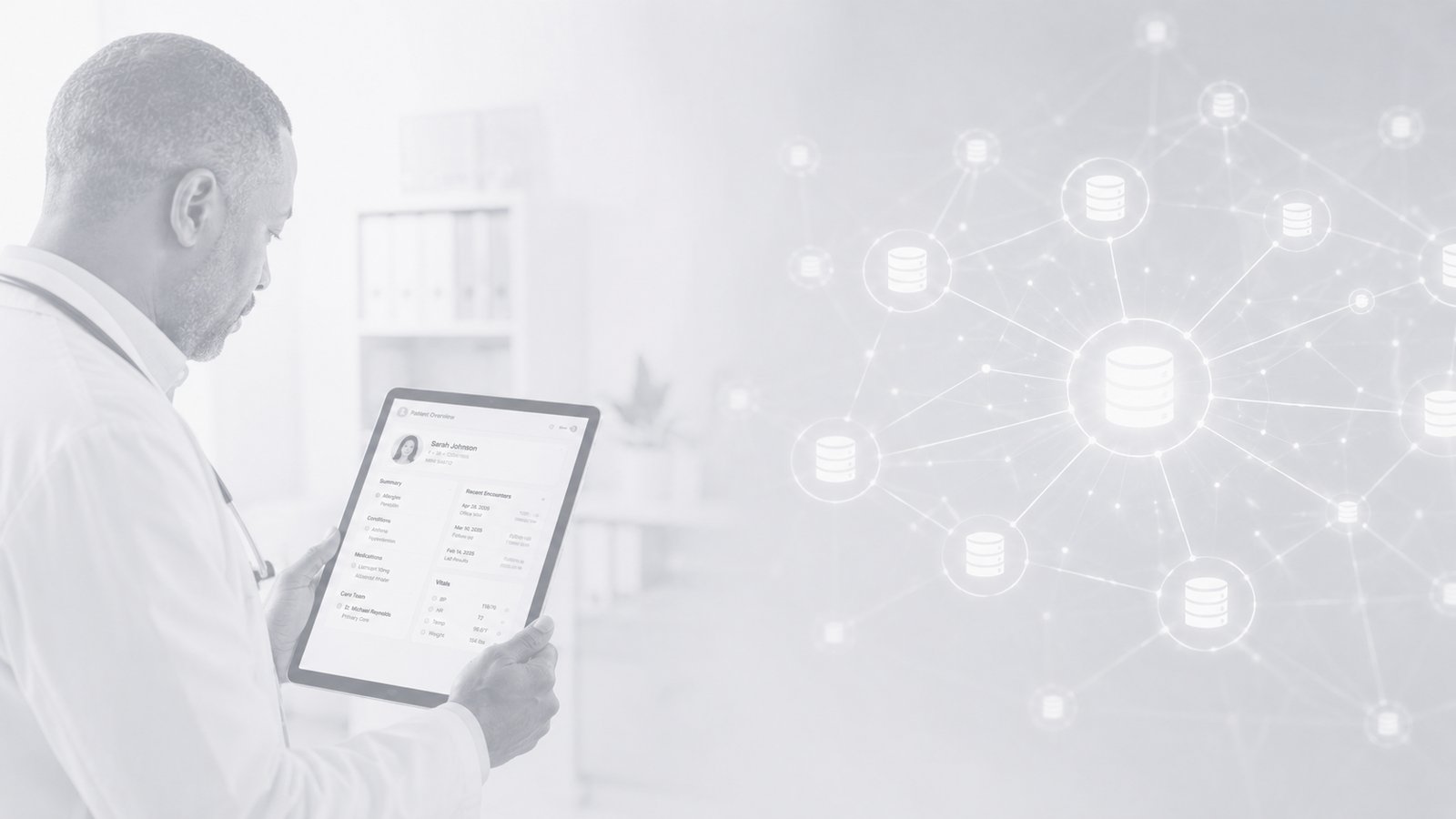 Split composition: a single doctor's chart on one side, a network of connected database nodes on the other.