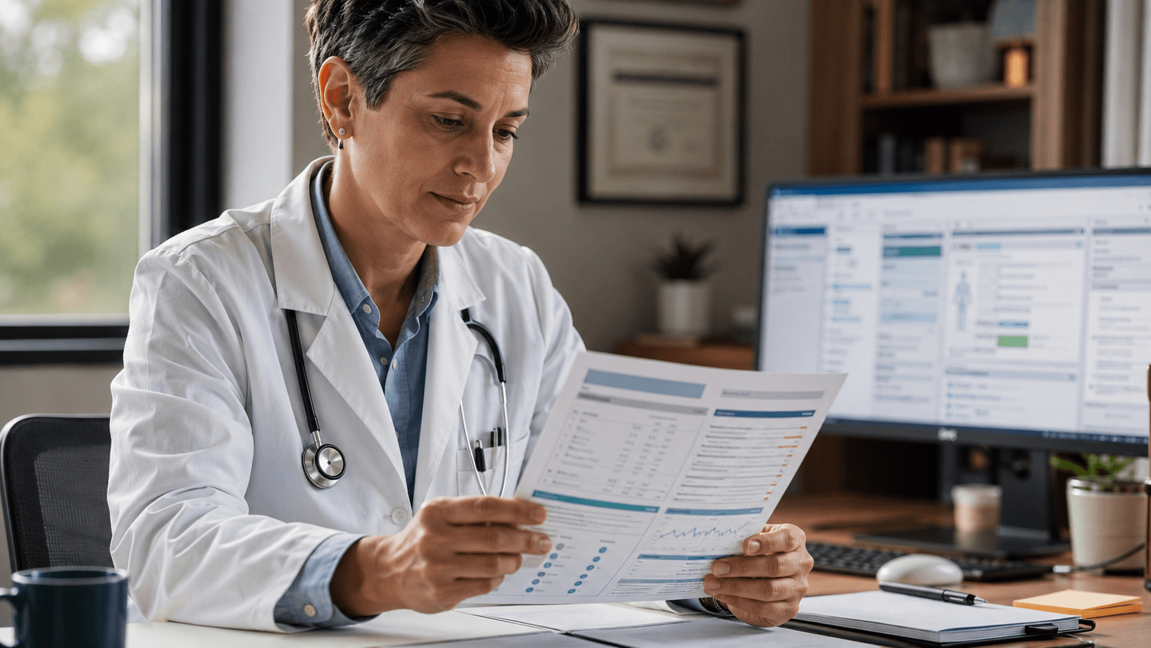 Primary care physician reviewing a consolidated patient record summary