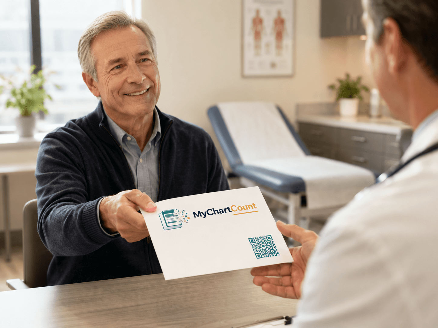 Patient handing a MyChartCount sheet with QR code to a physician in an exam room