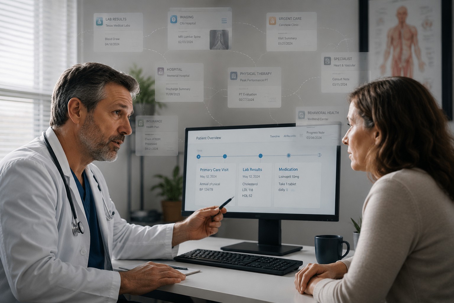 A doctor and patient at a desk surrounded by floating records from labs, imaging, urgent care, specialists, hospitals, and pharmacies.